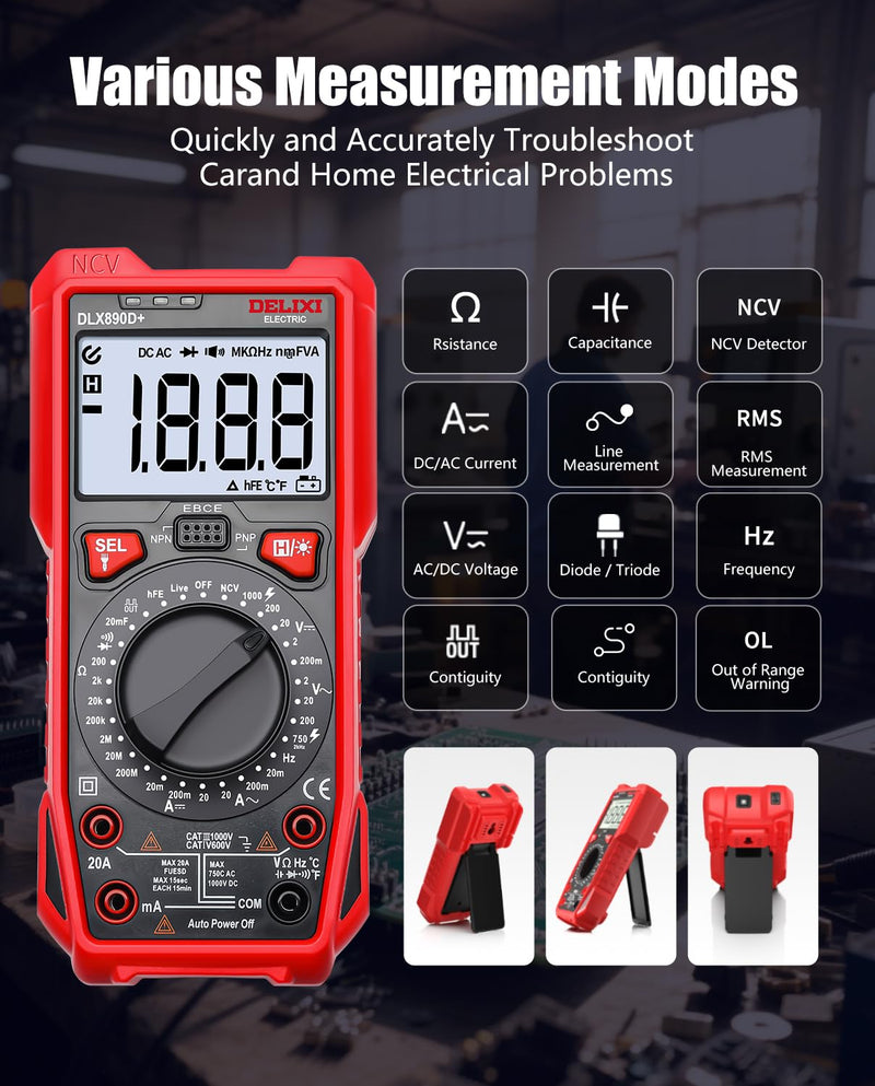 [Australia - AusPower] - DELIXI Digital Multimeter, Manual Range Tester with High Accuracy Measures Voltage, Current, Resistance, Capacitance, NCV, Dual Ceramic Fuses Included 890d 