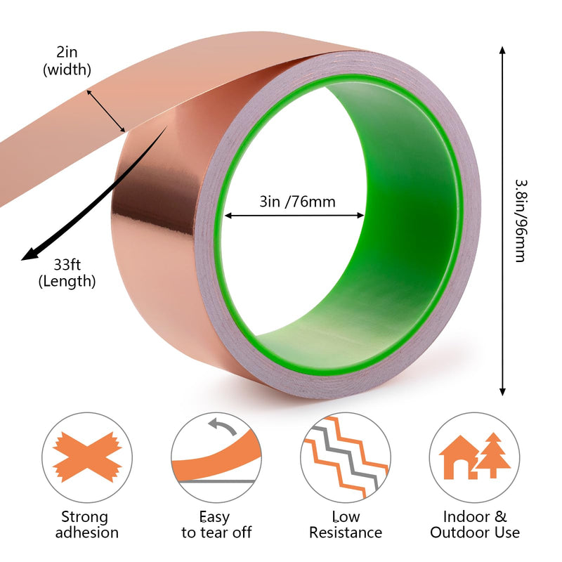 [Australia - AusPower] - 2 Pack Copper Foil Tape 2 Inch × 33Ft Conductive Adhesive Foil Tape, Copper Shielding Tape for Guitar Stained Glass EMI Shielding Grounding Paper Circuits Garden Plant 