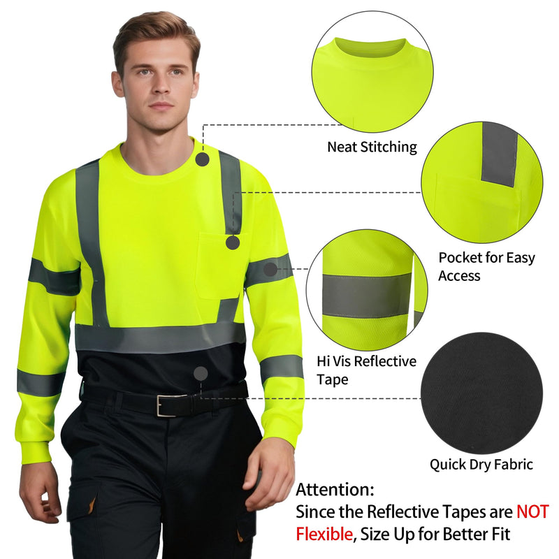 Hi Vis Safety Shirts for Men, High Visibility Long Sleeve Class 3 Reflective Construction Shirts 6X-Large Black Bottom Lime