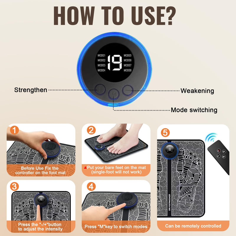 EMS Foot Massager Machine for Neuropathy, TENS Foot Muscle Stimulator for Pain Relief with Remote, Portable Feet Massage Tools Gifts for Women Men, 8 Modes 19 Intensities with 4 Electrodes Pads