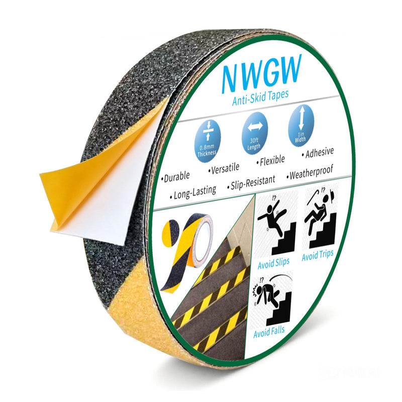 Black & Yellow Anti-Slip Stair Treads Tape, 1" x35FT Heavy Duty Non-Skid Grip Tape for Indoor/Outdoor Steps, Bathroom & Pool - PVC Waterproof Safety Traction Tape 1 Inch x 35 Feet Black & Yellow