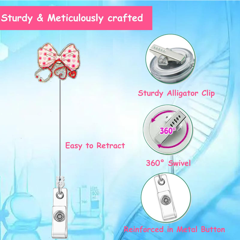 [Australia - AusPower] - Coquette Bow Stethoscope Badge Reel - Cute Girly Pink Bowknot Nurse Badge Holder Retractable with Alligator Clip for RN LPN CNA Doctor Paramedic Healthcare Worker Medical Assistant 