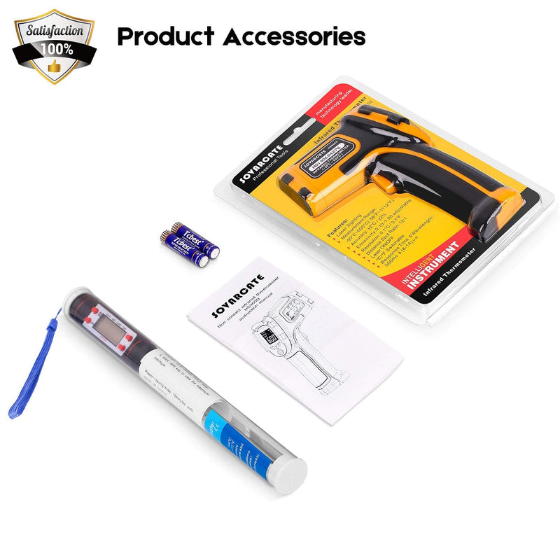 [Australia - AusPower] - Infrared Thermometer -58℉～1112℉(-50℃～600℃) Non-Contact Laser Temperature Gun Digital Adjustable Emissivity IR Temp Gun - for Cooking, BBQ, Food, Fridge, Pizza Oven, Engine - Meat Thermometer Included 
