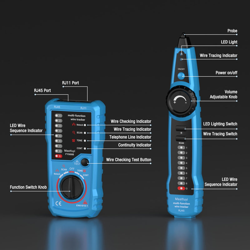 Network Cable Tester, POE RJ11 RJ45 Cable Tracer | Digital Signal Line Finder LAN Network Cat5 Cat6 Cable Maintenance Collation Telephone Line Test FY 869B -blue