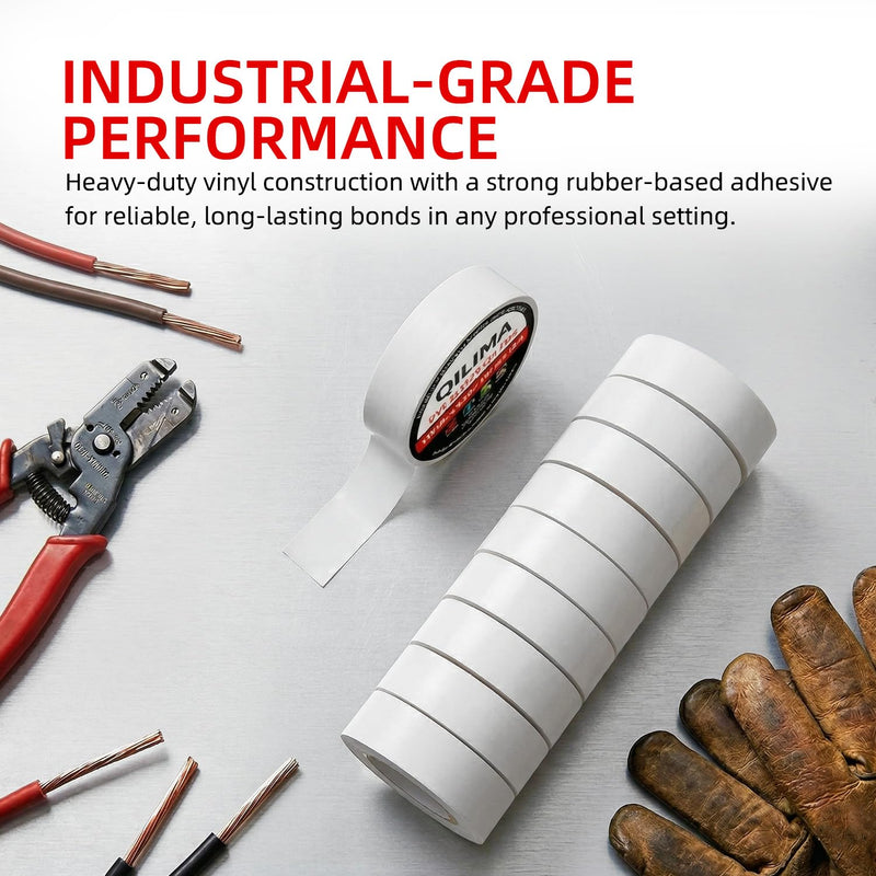 QILIMA 10 Rolls White Electrical Tape, Professional PVC Lead-Free Insulation, Waterproof & Flame Retardant Rated to 176°F, Ideal for Household Wire Labeling, Marine & Outdoor Projects 19mm*20m