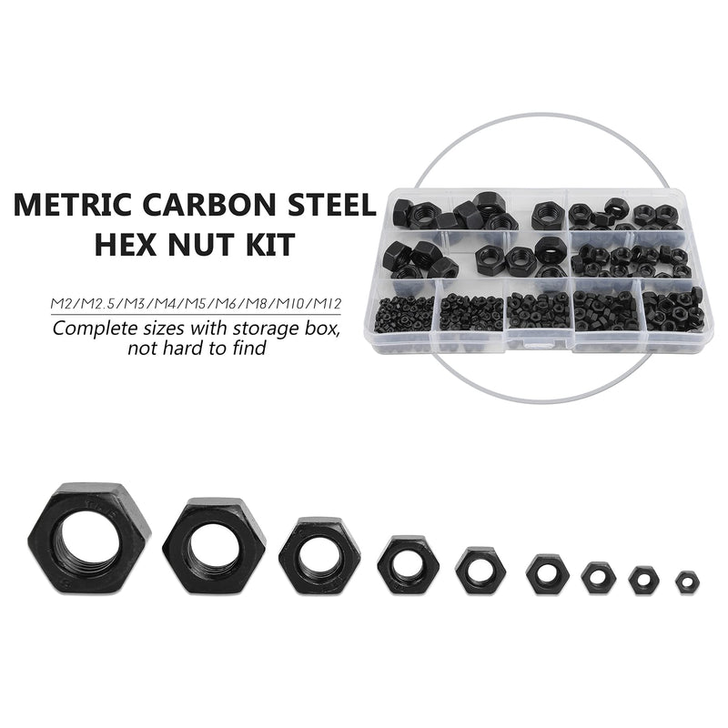 [Australia - AusPower] - NINDEJIN 326pcs Metric Black Hex Nuts Assortment Kit, M2 M2.5 M3 M4 M5 M6 M8 M10 M12 Assorted Metric Hardware Nuts Set, 9 Sizes Carbon Steel Metal Hex Nuts for Screw Bolt 