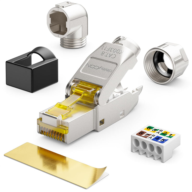 deleyCON CAT 8 Network Connector 90° Angle RJ45 40Gbps Pack of 2 | Tool-free, shielded, for rigid installation cables, raw cables, RJ45 Ethernet LAN DSL patch cable Angled 2 pcs.