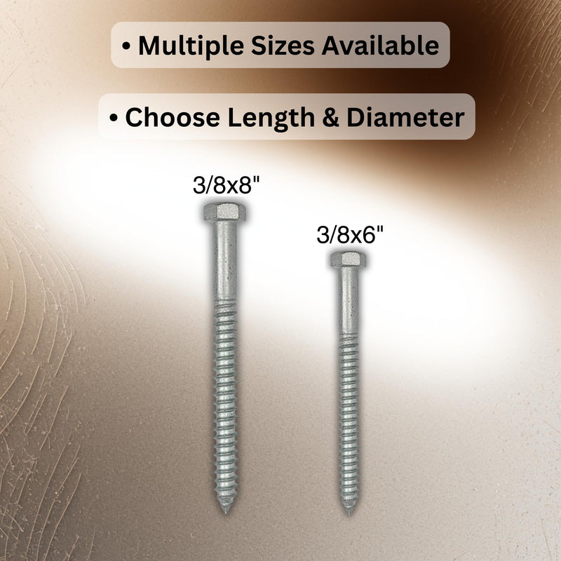 3/8 in x 6 in Hot Dip Galvanized Lag Bolts – Heavy-Duty Hex Head Structural Screws for Decks, Posts & Framing | A307 Steel | Exterior Wood Fasteners | 10-Pack 3/8" x 6"