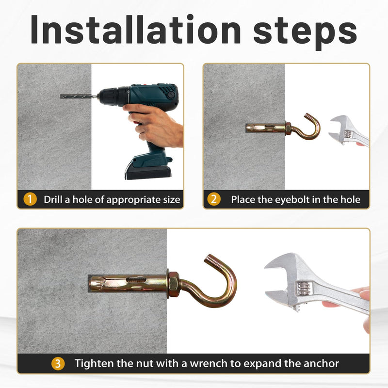 [Australia - AusPower] - M6 Concrete Hooks Brick Wall Hooks for Hanging, 3/8”x 1-1/2” Expansion Eye Bolt Screw Anchor, Heavy Duty Open Cup Hook for Cement Ceiling Hanging Pictures Light Plants (4 pcs) M6 