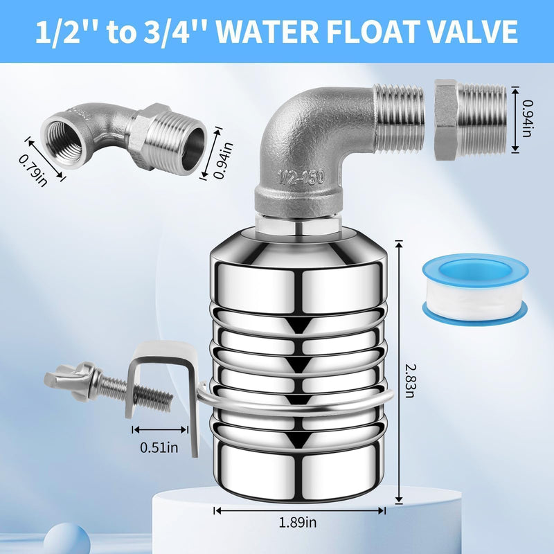 2Pcs Water Float Valve, 1/2" to 3/4" Aquapulse Automatic Water System 304 Stainless Steel, Auto Shut off Water Tank Float Valve for Water Tower, Livestock Troughs, Pool