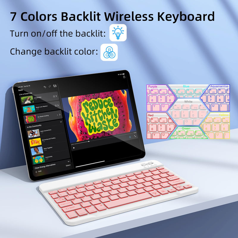 [Australia - AusPower] - XIWMIX Ultra-Slim Wireless Bluetooth Keyboard-7 Colors Backlit Universal Rechargeable Portable Keyboard for iPad Pro/Air/Mini/iPad 9.7/iPad 10.2/Samsung Tablet & Other iOS Android Windows Devices-Pink light pink backlit 