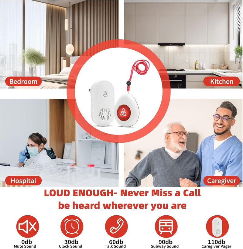 Wireless Caregiver Pager SOS Call Button for Elderly Monitoring 1000+ Feet Life Alert，Emergency Alert System Call Bell for Nurse Patient Disabled 2 Waterproof Transmitter & 2 Plugin Receiver 2T2