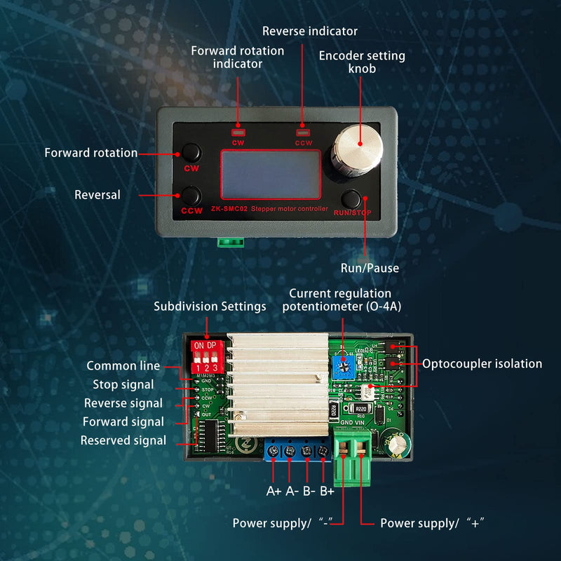 DC Stepper Motor Driver and Controller, ZK-SMC02 Integrated Board DC 5~30V 4A Forward/Reverse Pulse Speed Angle Control Module Programmable PLC Serial Communication Drive All-in-One for 42 57 Motor