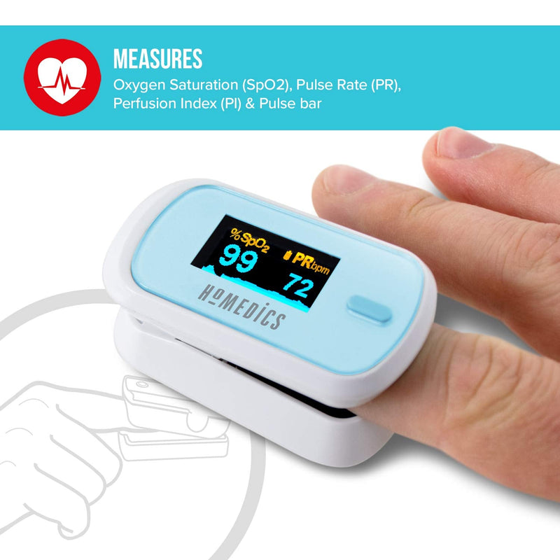 [Australia - AusPower] - HoMedics Pulse Oximeter / Finger Oximeter for Measuring Oxygen Saturation - Oxygen Meter Finger Including Pulse Rate, Perfusion Index and Pulse Bar - Practical Heart Rate Measurement for Home 