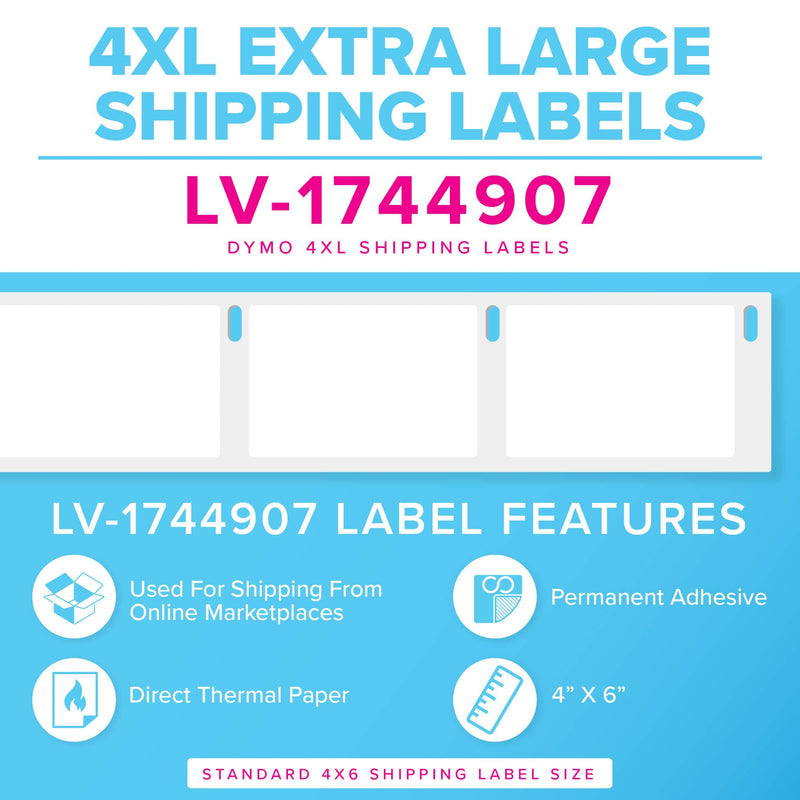 LabelValue LV-1744907POLY Durable Non-Tear Shipping Labels - 4" x 6", 220 Labels/Roll, Waterproof Polypropylene Material, White - Compatible with DYMO LabelWriter 4XL Direct Thermal Label Printers