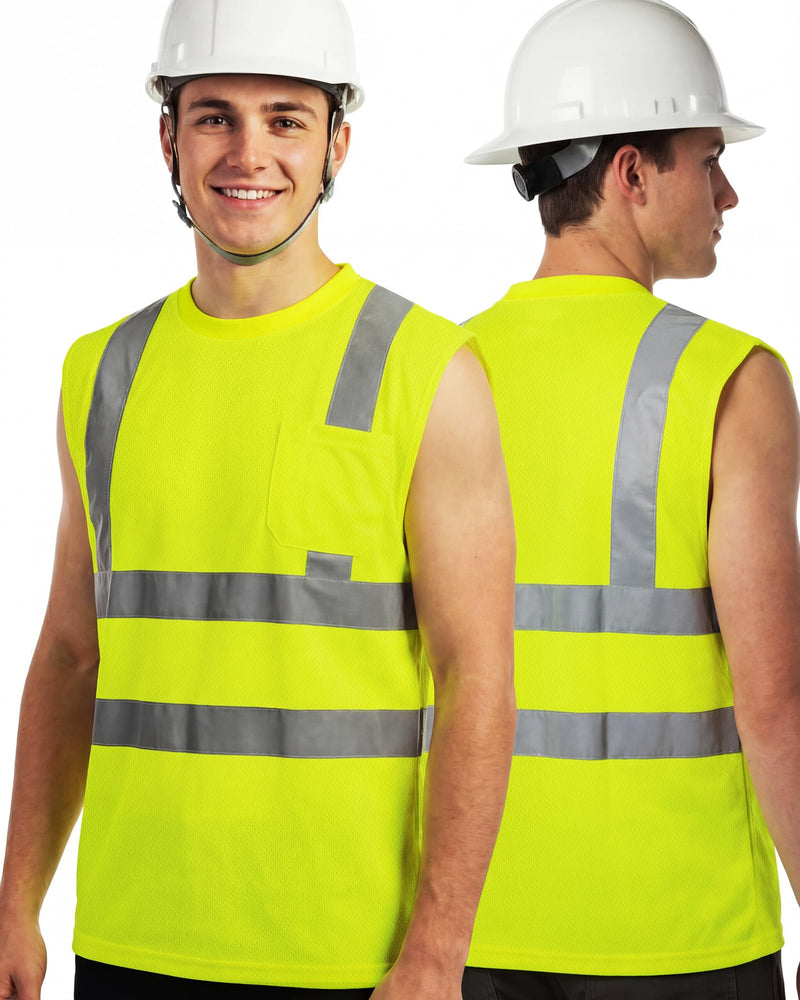 3 Pcs Safety Reflective Sleeveless Shirts Men High Visibility Tank Top Hi Vis Construction Work Shirts with Pocket Yellow Large