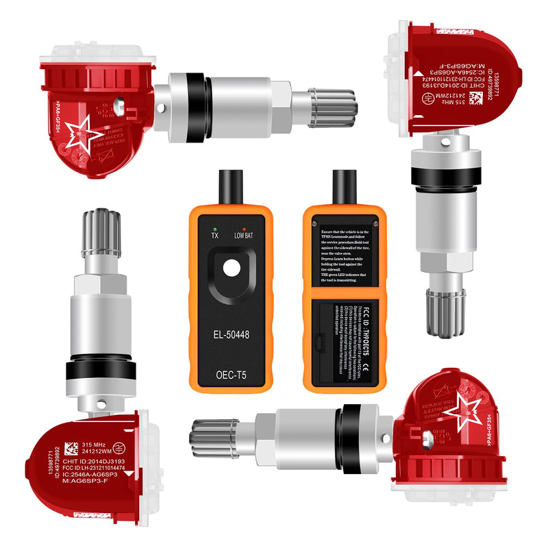 [Australia - AusPower] - 5Pcs TPMS Sensor with Relearn Tool, 315Mhz OE 13598771 13598772 13586335 13581558 EL-50448 Tire Pressure Monitoring System Compatible with Chevrolet/Chevy/Silverado/GMC/Buick/Cadillac (Red) Red 