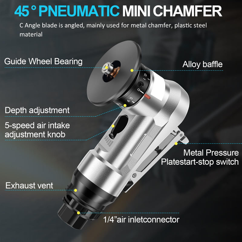 Mini Pneumatic Chamfering Machine, 30000 RPM Portable Air Beveling Machine with 1/4 Inch Air Inlet Handheld, 45° Mini Chamfering Machine Air Tools with Blades for Beveling Deburring 6C+6R+6 bearings Silver