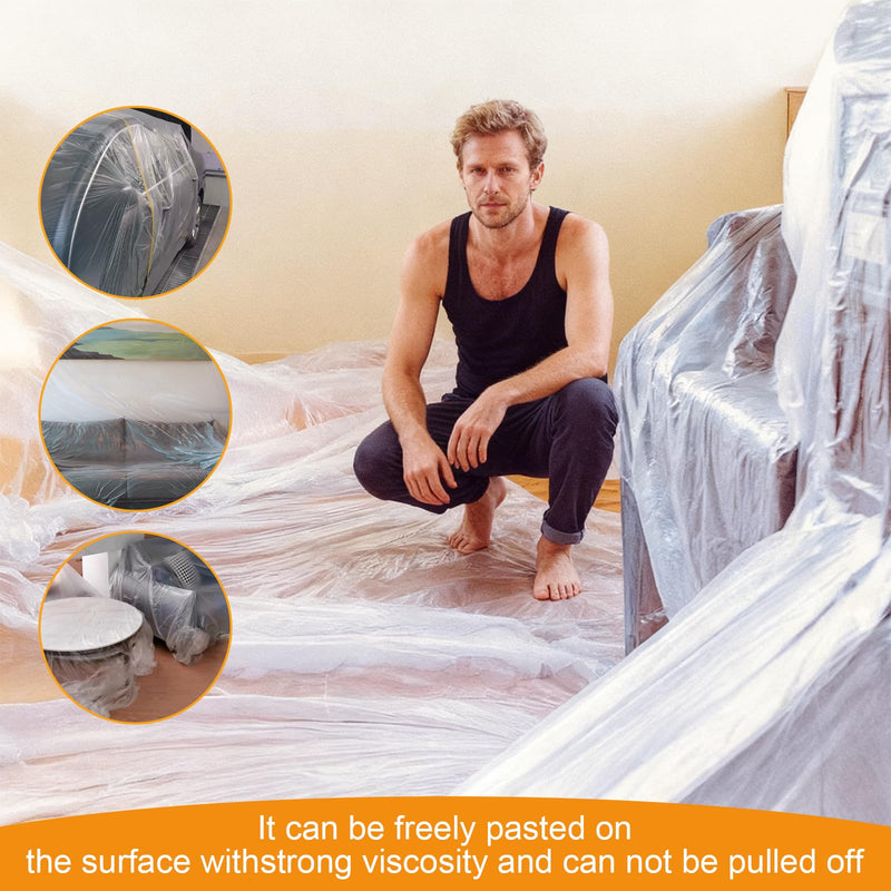 4 Rolls Painters Plastic With Tape, Pre-Taped Masking Film, Automotive Best Tape and Drape, Paint Adhesive Protective Film Roll for Covering Skirting, Frames, Cars and Auto Body (6.6 X 59-Feet)