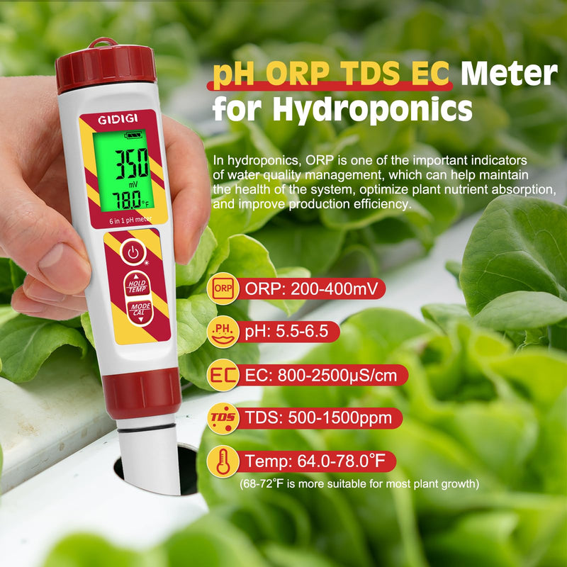 Digital pH Meter Pool Salt Tester,ORP Meter for Drinking Water,GIDIGI pH PPM for Hydroponic,6 in 1 TDS EC Salt Tester with ORP 222mV Calibration Solution for Aquariums,Spa,Drinking Water,Brewing Yellow 6-in-1 pH Meter