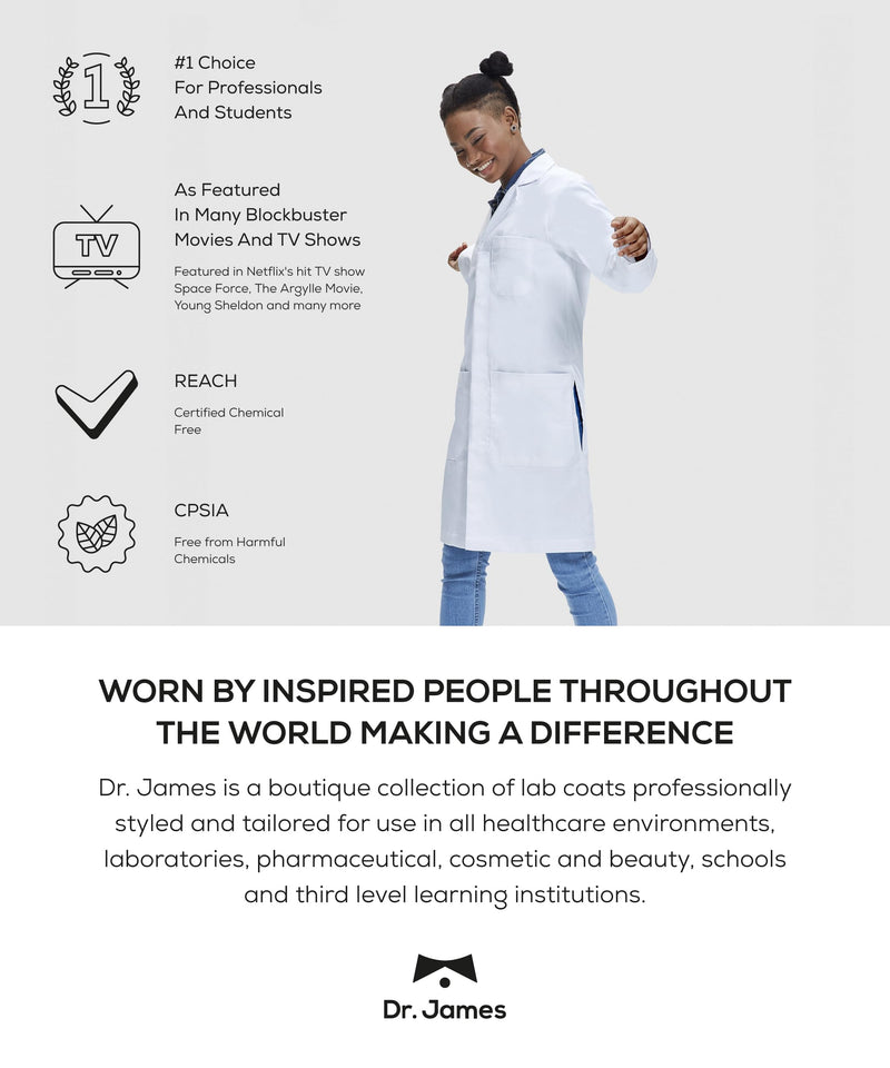 Dr. James Women’s Lab Coat – 100% Cotton, Classic Fit, Shaped for Women, 3 Pockets, 37” Length, OEKO-TEX® Certified 12 (L)