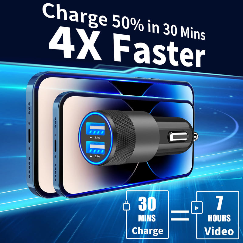 [Australia - AusPower] - 【MFi Certified】iPhone Fast Car Charger, Rombica 4.8A Dual USB Smart Power Cigarette Lighter USB Car Charger + 2Pack Lightning to USB Braided Cable for iPhone 14 13 12 11 Pro/XS Max/Mini/XR/SE/X/8/iPad Carbon Fiber Black 