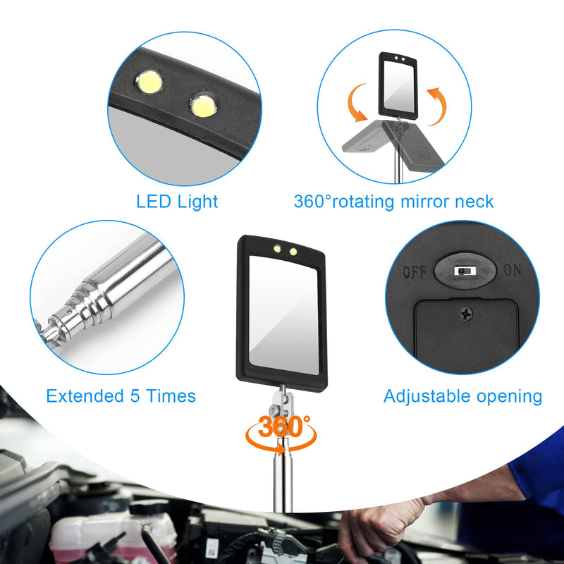 [Australia - AusPower] - 2 Pieces Telescoping Inspection Mirror, Pletpet Round Square Mirror Inspection Tool for Checking Vehicle Telescoping LED Lighted Flexible Inspection Mirror Mechanic Mirror Automotive Mirror Tool 