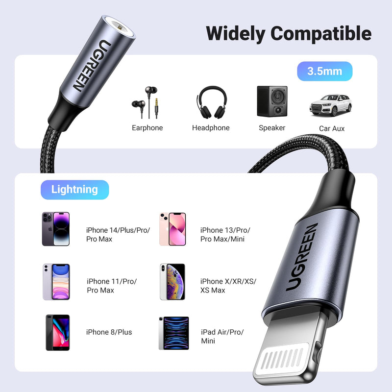 [Australia - AusPower] - UGREEN Headphone Adapter Lightning to 3.5mm Adapter Apple MFi Certified Aux Audio Jack Dongle Compatible with iPhone 14 Pro Max/14 Plus/13 12 Pro Max/SE/11 Pro Max/XS, Grey 
