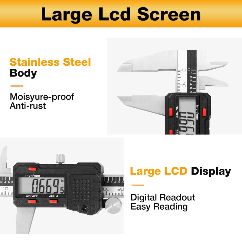 Digital Caliper 6 inch, Stainless Steel Vernier Micrometer Measuring Tool with Large LCD Display, Easy Inch/Metric Conversion, Precision Gauge for Machinists, Woodworking & DIY
