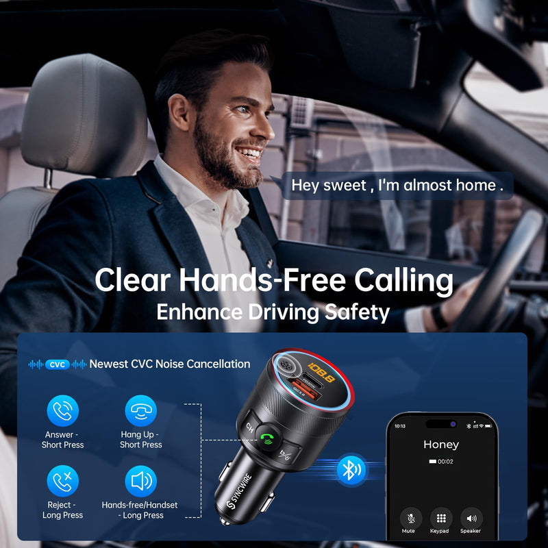 [Australia - AusPower] - Syncwire Bluetooth 5.3 FM Transmitter for Car, 38W PD&QC3.0 Dual USB Charging Bluetooth Car Adapter Microphone & Bass Sound MP3 Music Player FM Car Kit with Hands-Free Calling Black 