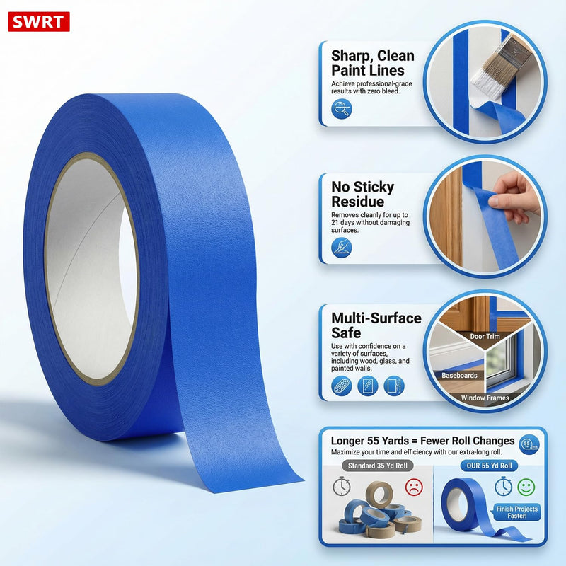SWRT Blue Painters Tape 1 Inch x 55 Yards, 12 Rolls (660 Yards) – Sharp Clean Paint Lines, No-Residue Painters Tape for Walls, Trim & Baseboards, Easy Removal Masking Tape for Home Projects 1 Inch x 55 Yards x 12 Rolls