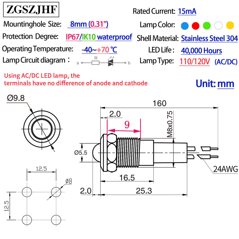 [Australia - AusPower] - Mini Indicator Light 8mm 0.31" Waterproof Domed Sphere High Head Metal Stainless steel Signal Lamp 110V/120V LED Pilot Light with 140mm/5.5" Red 110-120V DC/AC 