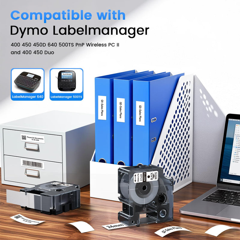 Colorty 6 Pack 53713 24mm Label Maker Tape Refills Compatible with DYMO D1 53713s 1 Inch Label Tape, Black on White A53713 1" x 23', for Dymo LabelManager 400 450Duo 450D 640 500TS PnP 1 In x 23 Ft