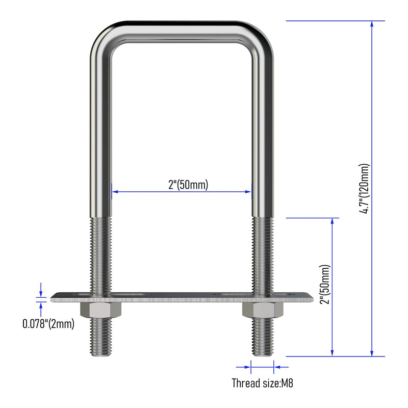 [Australia - AusPower] - 4 Sets 304 Stainless Steel Square U-Bolts Stainless with M8 Nuts, Frame Plate, Accessories for Automobiles Trailer, Boat Trailer Industrial Parts (50X120mm (W*L)) 50X120mm (W*L) 