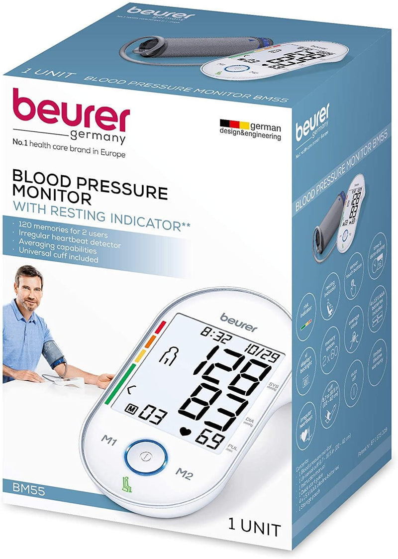 [Australia - AusPower] - Beurer BM55 Blood Pressure Machine  XL Backlit Display, Arrhythmia Alarm, Portable Storage Kit, 2 Users, Automatic Blood Pressure Cuff, Resting Indicator  Blood Pressure Monitor Batteries Included BM55 - Premium XL Backlit Display 