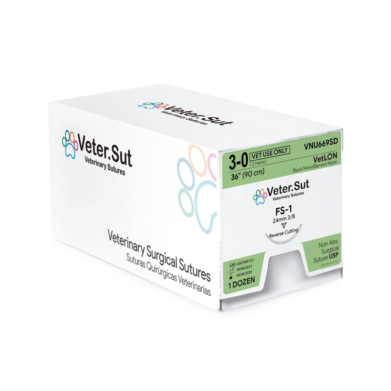 [Australia - AusPower] - VeterSut VetLON Non-Absorbable Nylon Surgical Suture USP Size 3-0, (FS-1) 3/8 24mm Reverse Cutting Needle, 36 Inches (90 cm), 12 Count, Veterinary Use 