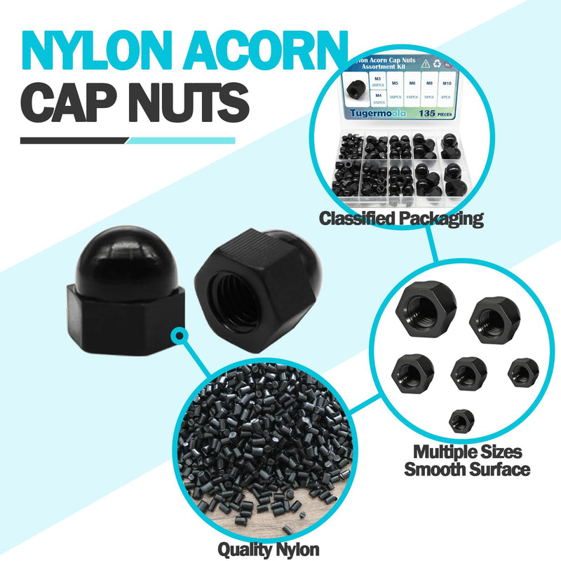 [Australia - AusPower] - 135PCS Metric Nylon Acorn Cap Nuts Assortment Kit M3 M4 M5 M6 M8 M10 Female Thread Dome Hex Nut Caps Covers Set OLA003 