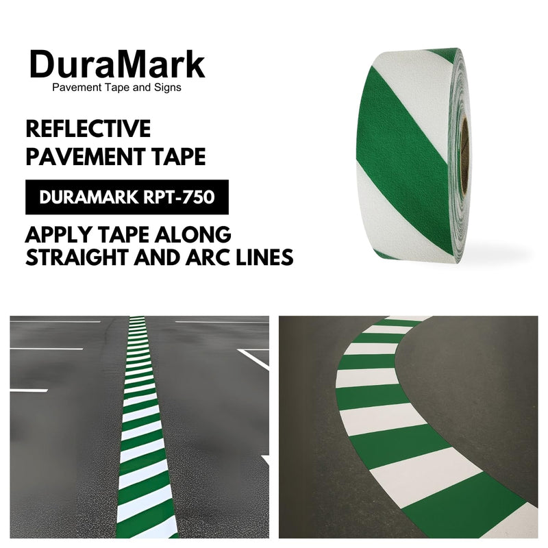 DuraMark RPT-750 Hazard Safety Warning Stripe Tape, Outdoor Heavy Duty Rubber Base Safety Tape, Reflective Slip Resistant Pavement Marking Adhesive Tape for Hazardous Areas (Green & White, 2" x 18') 2 Inch x 18 Ft Green/White