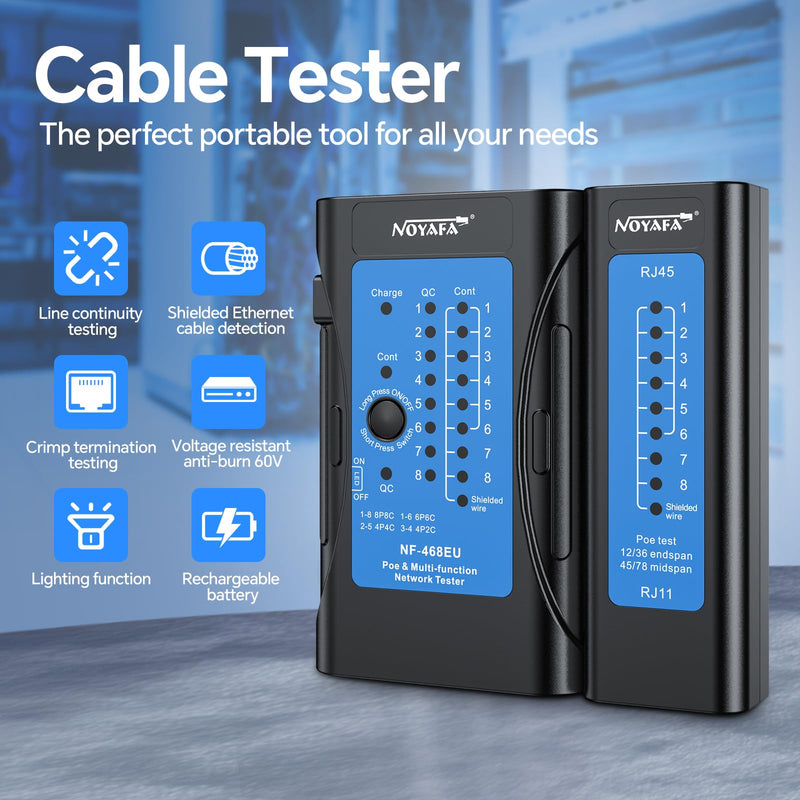 [Australia - AusPower] - Rechargeable Network Cable Tester, NF-468EU Ethernet Cable Continuity Tester for LAN RJ45/RJ11/RJ12/CAT5/CAT6/CAT7/POE Test UTP/STP Shielded Ethernet Wires Test Tool 