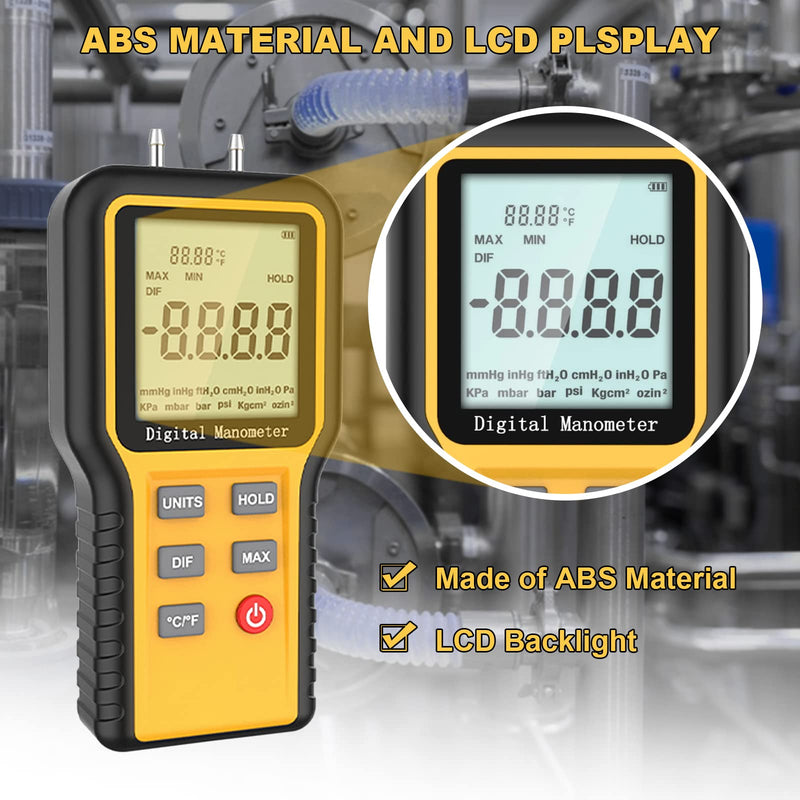 [Australia - AusPower] - Manometer, Professional Air Pressure Meter, Handheld HVAC Manometer 12 Selectable Units Differential Pressure Gauge, Dual-Port Manometer Gas Pressure Tester with Backlight (Included Battery) QX1201?12 Selectable Units? 