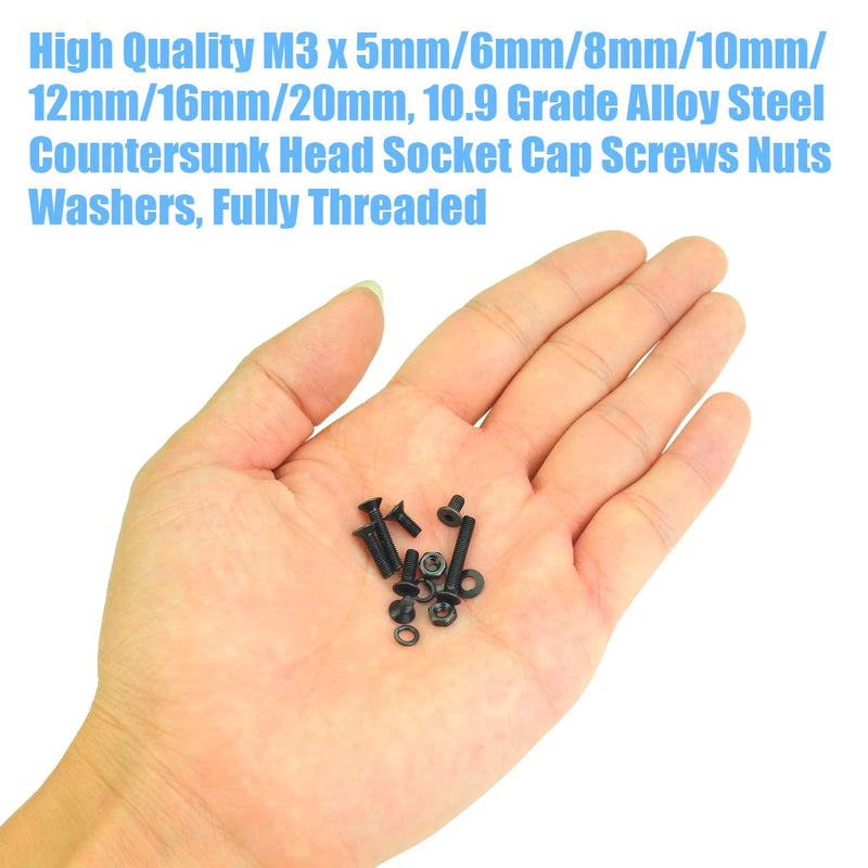 [Australia - AusPower] - 566 Pieces M3 Black Screws, 10.9 Grade Alloy Steel M3x 5/6 /8/10 /12/16 /20mm Countersunk Head Socket Cap Screws Bolts Nuts Washers Assortment Kit 