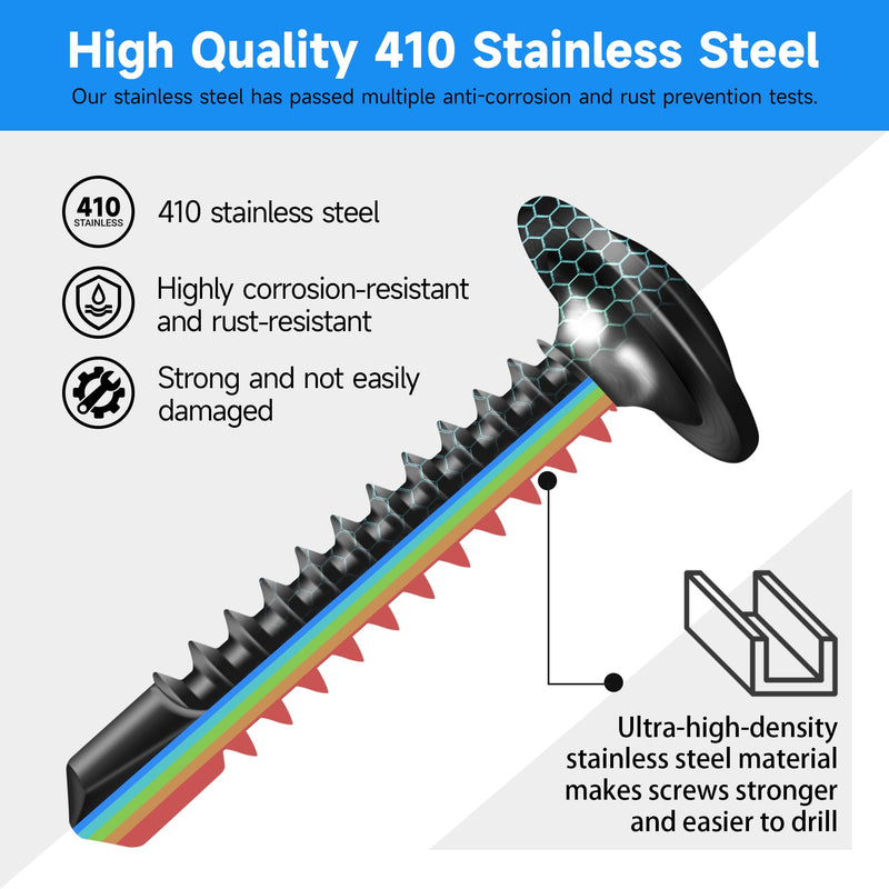 [Australia - AusPower] - 100Pcs #8 x 1/2" Black Self Tapping Screws for Metal, 410 Stainless Steel, Sheet Metal Screws for Metal, Truss Head High-Strength Quick Tapping #8×1/2" 100 