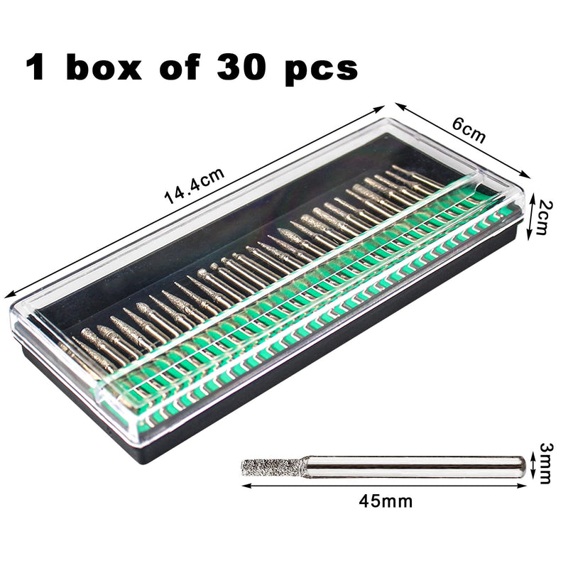 [Australia - AusPower] - Set of 30 diamond cutter set, 1/8 inch shaft, grinding point, mini cutter, grinding attachments, diamond cutter grinding points, deburrer, for stone, glass, ceramic, carving, grinding, polishing, 