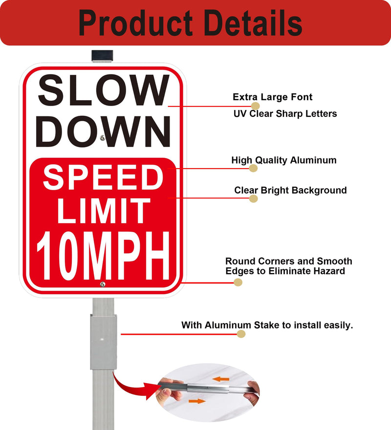 2Pack Slow Down Sign, Speed Limit 10MPH Sign with 36" Stakes, 14"×10" Reflective Aluminum, Fade Resistant/Waterproof, Including Screws, Easy to Install Speed 10 with stake