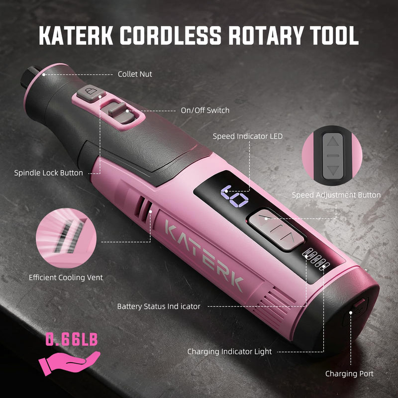 Katerk Cordless Rotary Tool, 4000mAh Battery, 6-Speed, 28000RPM, Rotary Tool Kit with 70 Accessories Light duty Engraving Pen for Sanding, Polishing, Drilling, Etching, Grinding, Wood Carving Pink