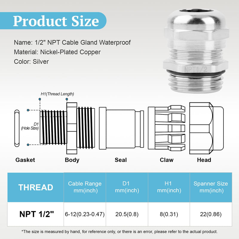 [Australia - AusPower] - 4 Pcs NPT 1/2" Nickel-Plated Copper Waterproof Cable Gland, IP68 Waterproof Cable Gland Adjustable 6-12mm Cable Connectors 1/2" NPT 