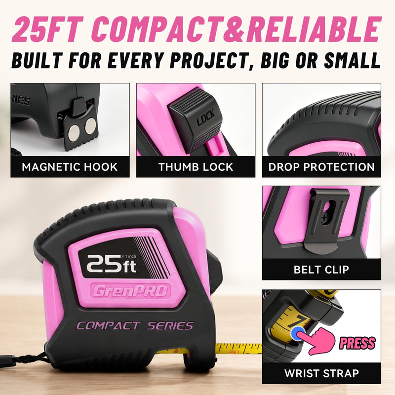 GRENPRO 25FT Magnetic Tape Measure, 1/8 Fractions Easy Read Double Sided Measuring Tape, Retractable Nylon Coated Tape with Magnetic Hook, Shock Absorbent Case for Construction, Carpentry, Woodworking Pink