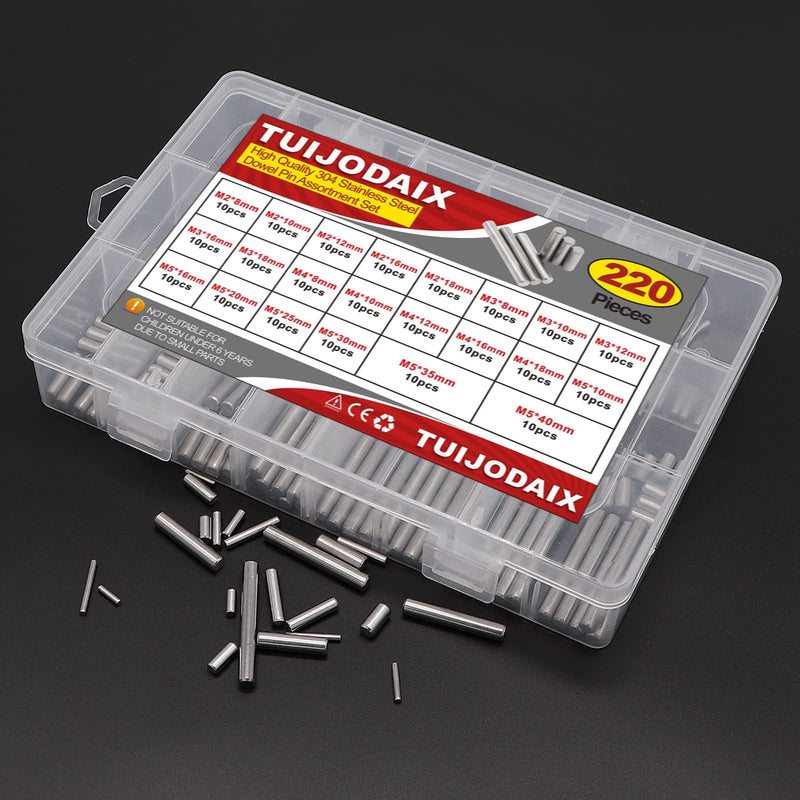 [Australia - AusPower] - 220Pcs 22 Kinds M2 M3 M4 M5 304 Stainless Steel Dowel Pin Cylindrical Shelf Support Peg Pin Rod Fasten Elements Assortment Kit M2/M3/M4/M5 