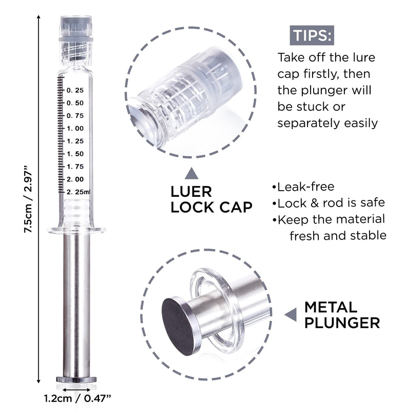 2.25ML Borosilicate Glass Syringe with Silver Metal Plunger | 10 Pack | Anti-Leak Luer Lock Syringe without Needle | Accurate Measuring for Liquid, Glue, Oil w/ Borosilicate Glass Tube