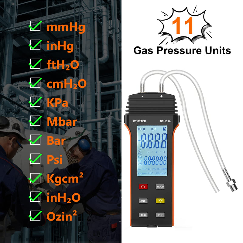 [Australia - AusPower] - BTMETER Manometer HVAC Gas Pressure Tester 189A, Dual-Port Air Pressure Meter Gauge with Hose Kit Measure Static Pressure Differential Gas Pressure for Furnace Water Column Orange 